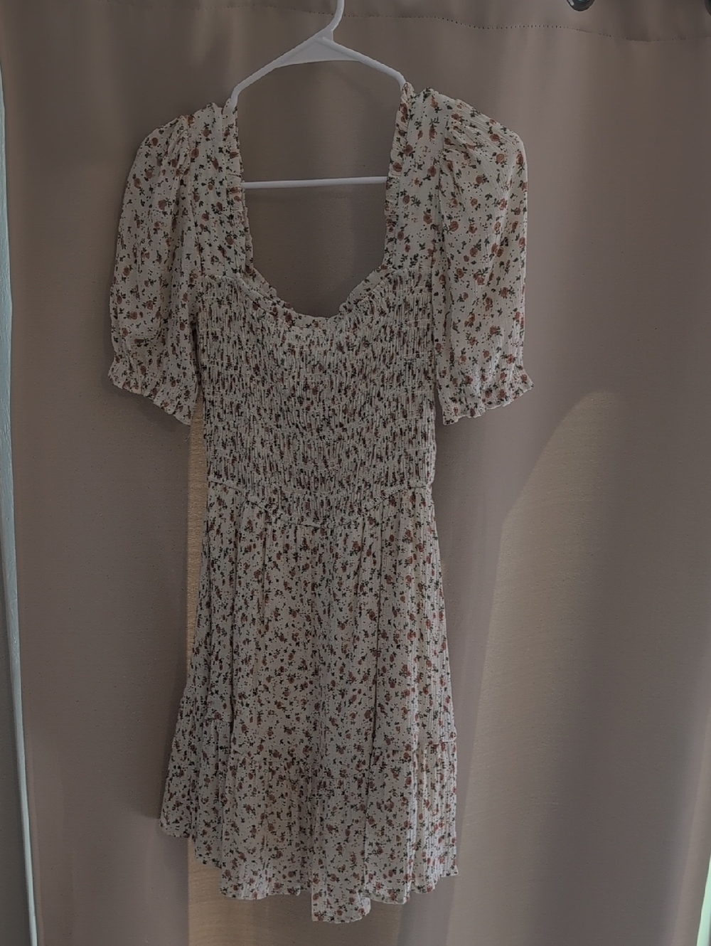 Cream Floral Smocked Puff Sleeve Mini Dress